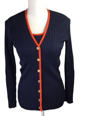 R & K Originals Vtg Twin Sweater Set Tank Cardigan Size 12 Ribbed Knit Nautical